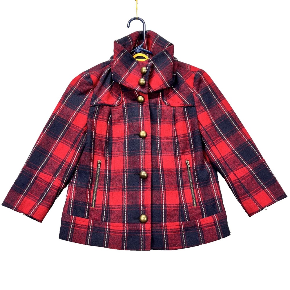 Tulle Jacket Womens Small Red Navy Buffalo Check plaid Wool Blend Funnel‎ Collar
